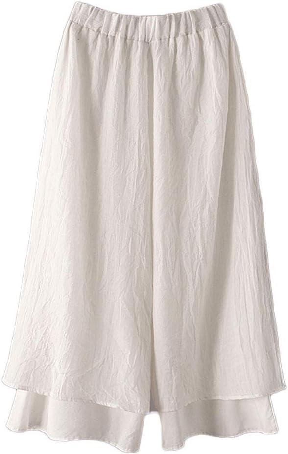 Minibee Women's Wide Leg Pants Loose Layer Capris Palazzo Elastic Waist Trousers (Medium, White)