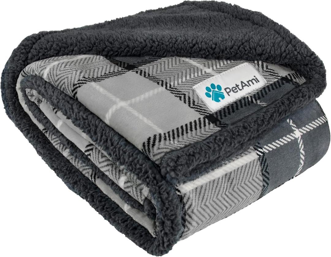 PetAmi Dog Blanket for Bed, XL Pet Blanket Large Dogs, Fleece Furniture Couch Cover Protector Sofa Car Crate Kennel, Soft Sherpa Cat Throw Plush Reversible Washable, Twin 60x80 Plaid Dark Gray (Plaid Charcoal Grey)
