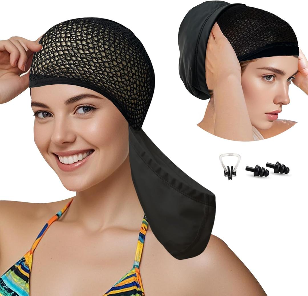 Womens Swim Cap for Long Hair PU Fabric Hairnet Swimming Caps for Women Men Adults Youths with Ear Plug and Nose Clip, Swim Hats Pool Caps to Protect Hair no Pulling (Medium, Black)