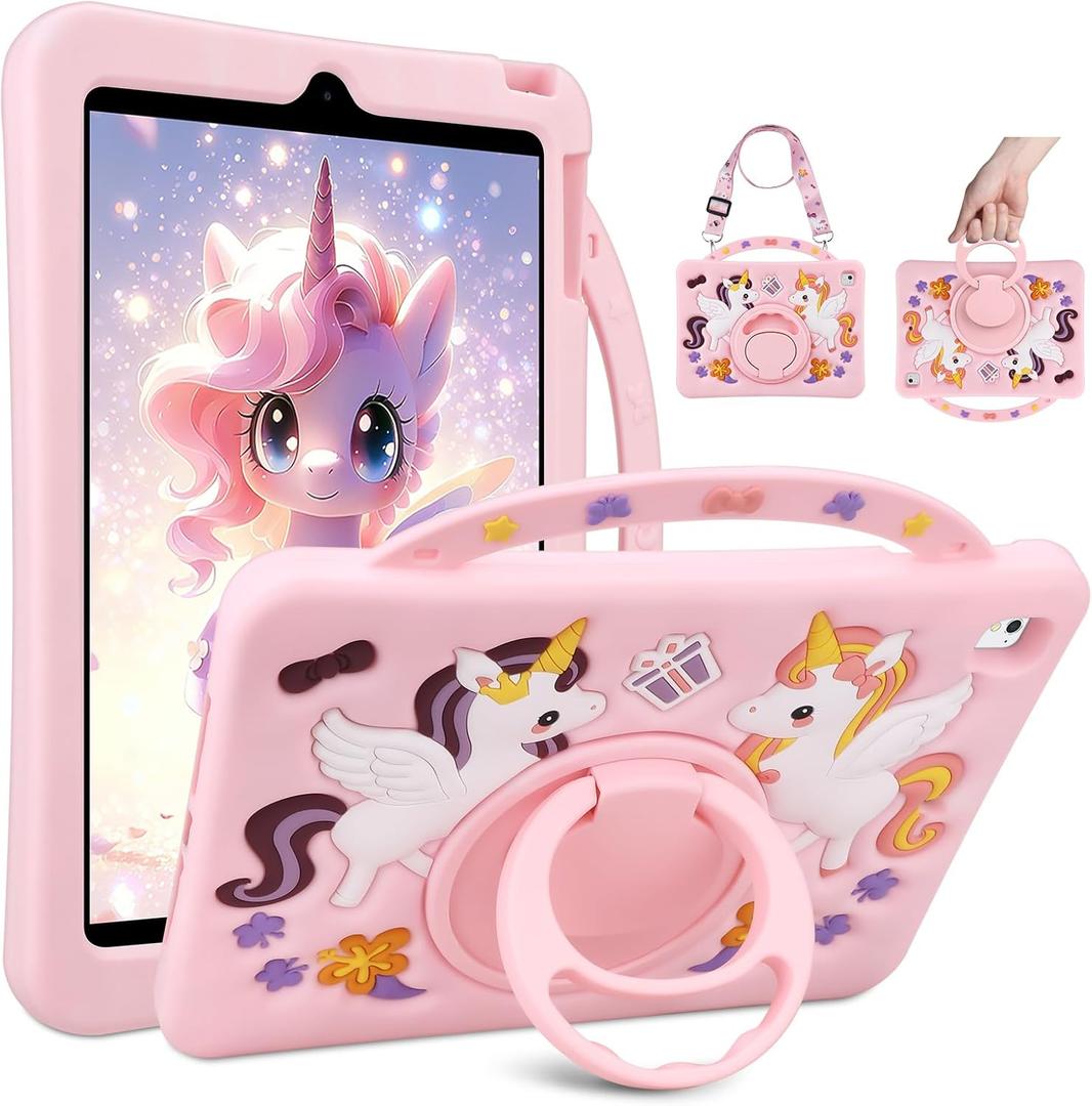Coolden for iPad 5th/6th Generation Case 9.7 Pink Unicorn Cartoon Silicone Tablet Cover with Stand Handle & Shoulder Strap for Girls Kids Protective Shockproof Case for iPad Air 1st/2nd