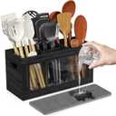 Yofidra Bamboo Utensil Holder & Silverware Organizer: Extra Large Cooking Spoon Holder with Absorbing Drying Stone and 6 Compartments Kitchen Countertop Farmhouse Decor 11.8"X4.7"X5.9" Black