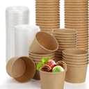 Lyellfe 100 Pack Disposable Ice Cream Bowls, 8 Oz Heavy Duty Kraft Paper Bowl with Lids, To Go Soup Container Dessert Cups for Yogurt, Cold and Hot