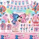 Pink Theme Birthday Party Supplies Decorations, Including Birthday Banner, Tablecloth, Backdrop, Hanging Swirls, Balloons, Cake Toppers, Plates, Forks, Spoons for Kawaii Party