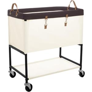 StorageWorks Laundry Cart, 2 Tier Rolling Laundry Basket, Heavy Duty Laundry Basket with Lockable Wheels, Laundry Room Organization and Storage, Clothes Hamper for Bedroom, Dorm, Closet, 46Gal, Beige
