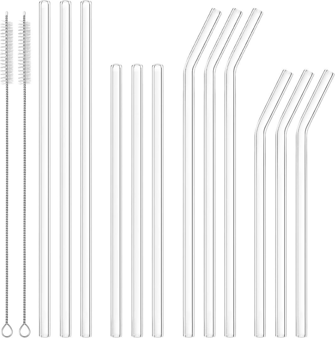 2 x Dsmile 12 Pcs Reusable Glass Straws - Size 10.5"x8mm,8.5"x8mm,Including 6 Straight and 6 Bent Clear Glass Straws with 2 Cleaning Brush for for Smoothies, Coffee, Juice, Sodas, Cocktails, 10.5inch +8.5nch