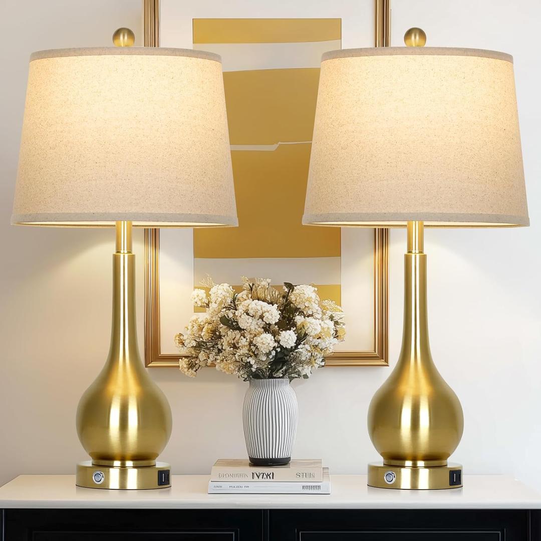 Rinweey 26" Gold Lamps Set of 2 for Living Room, Touch Control Table Lamps for Bedroom, 3-Way Dimmable Bedside Lamps for Nightstand with with USB A+C Ports (2 LED Bulbs Included)