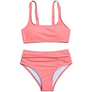 OYOANGLE Girl's 2 Piece Swimsuit Sport High Waist Teen Kids Bikini Set Bathing Suit Swimwear, Size 160, Pink Pure