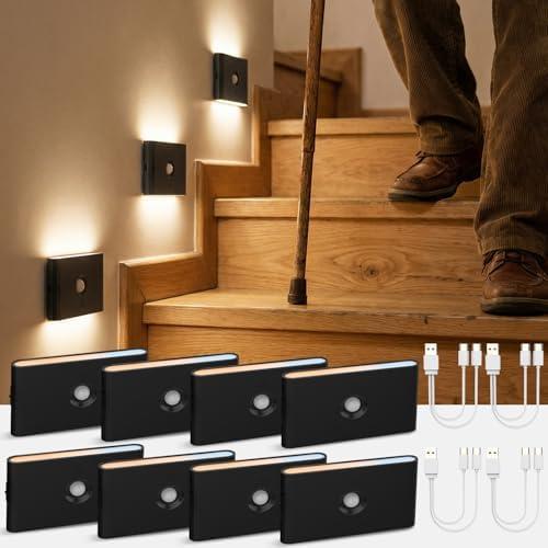 wowatt Rechargeable Motion Sensor Stair Light, Black Night Lights with Magnetic Mount, Dimmable Step Lights Indoor for Stairway, Hallway, Kitchen, Bathroom(6 Packs)