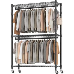 BATHWA Heavy Duty Garment Rack on Wheels, Rolling Clothes Racks for Hanging Storage, Simple Sturdy Metal Wardrobe Closet with Double Rods, 8 Side Hangers, 3 Shelves, Black