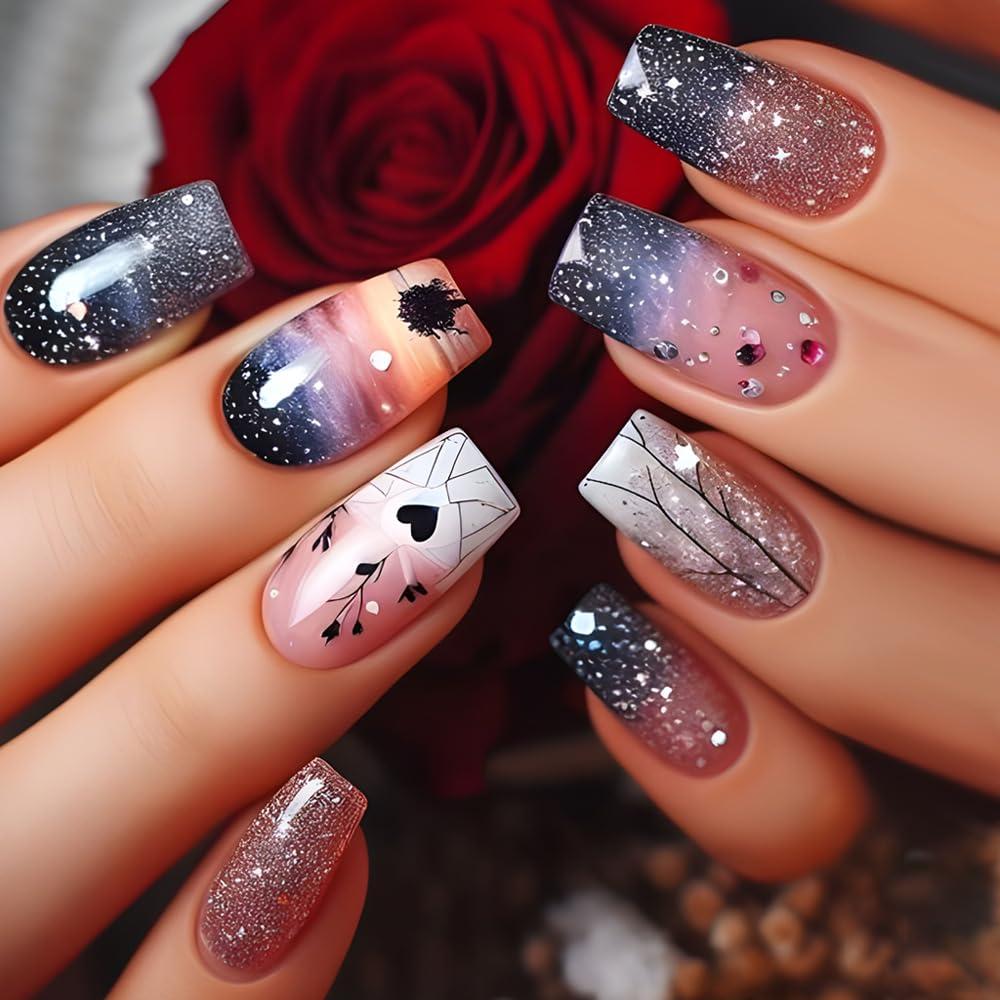 24 Pcs Starry Sky Press on Nails Medium Square False Nails Dreamy Stars Fake Nails False Nails with Stars Heart Designs Full Cover Glossy Glue on Nails Acrylic Nails Stick on Nails for Women Girls (W3)