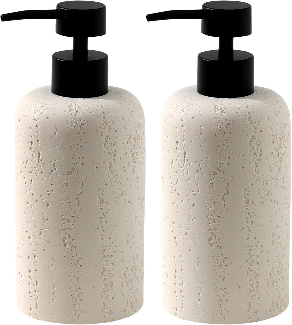 Soap Dispensers 340mL 11 OZ, 2 PCS Luxurious Hand Dish Lotion Shampoo Soap Dispenser Jar, Travertine Soap Pump Bottles for Kitchen Bathroom Countertop (Cream)