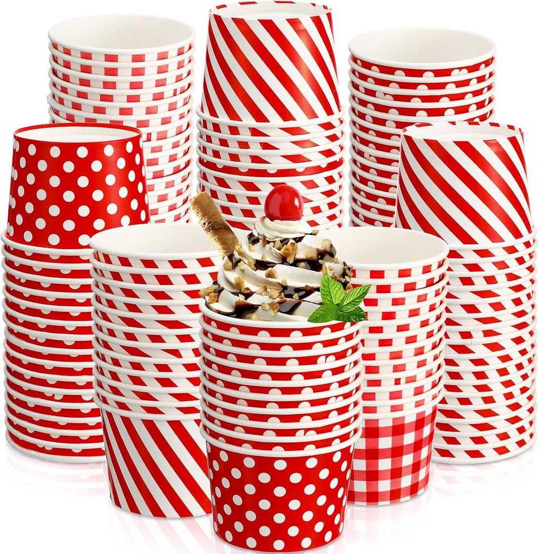 Zubebe 60 Pieces 9 oz Paper Ice Cream Cups Dot Striped Gingham Snack Paper Red Ice Cream Bowls Disposable Party Bowls Soup Cups Dessert Yogurt for Sundae Hot or Cold Food for Parties, BBQ, Events
