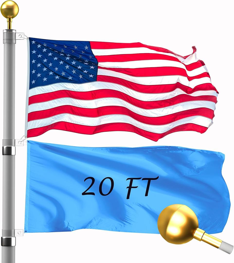 20FT Telescopic Flag Pole Kit: Extra Thick Aluminum Outdoor Flagpole, Silver Heavy Duty Flag Poles for Outside House with 3x5 American Flag