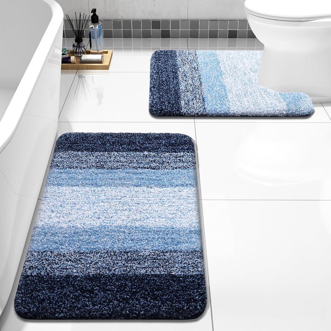 Arotive Bathroom Rugs Sets 2 Piece, Soft Absorbent Microfiber Bath Mats and U-Shaped Contour Toilet Rug, Non-Slip Machine Washable Dry Bath Mats for Bathroom, 24x16 and 24x20, Blue