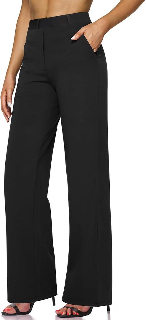 Narcissus Women's Business Casual Slacks Straight Leg Dress Pants with Pockets Elastic Waist Stretchy Office Trousers for Work (Black Regular S)