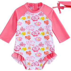 WOLBAY Baby Girl Swimsuit Long Sleeve One Piece Rash Guard with Sun Hat Zipper Bathing Suit Size 18-24M