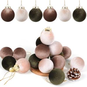 4 x Christmas Tree Ornaments 16 Pcs Velvet Christmas Balls Bulk Flocked Christmas Tree Ball Ornaments for Holiday Wedding Party Christmas Tree Hangings (Brown & Green, 3.15Inch)