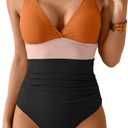 Women's One Piece Color Block Swimsuit Tummy Control Slimming Bathing Suit V Neck Cutout High Waisted Swimwear