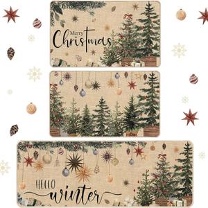 3 Pcs Christmas Kitchen Rug and Mats Beige Winter Kitchen Floor Mat Anti Fatigue Non Slip Xmas Tree Doormat Neutral Modern Christmas Decor for Home Office Bathroom Party Farmhouse Decor