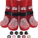 PUPTECK Anti Slip Dog Socks 2 Pairs with Double Grippers for Hardwood Floors, Shoes for Hot/Cold Pavement, Boots & Paws Protectors to Prevent Licking, Traction Booties for Senior Small Large Dogs (Red(Wave))