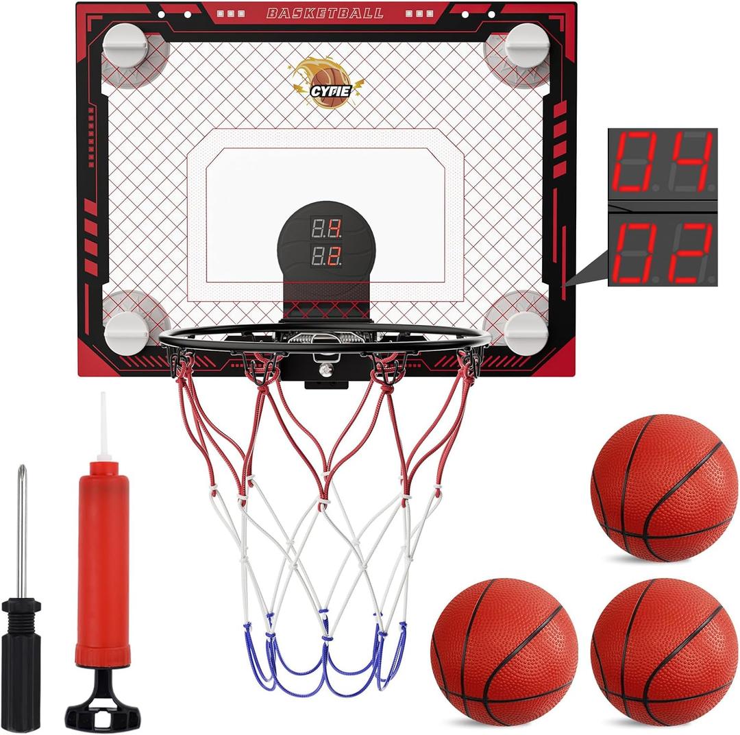 CYFIE Suction Cup Basketball Hoop, Indoor Mini Basketball Hoop with Sturdy Backboard/Electronic Scoreboard, Sound, 3 Balls, Basketball Toys Gifts Ideas for Kids Teens Girls Boys Gifts