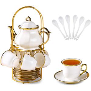 20 Pcs Porcelain Tea Set with Metal Holder, European Ceramic Tea Set for Adults, Coffee Tea Gift Sets, French Tea Cup Saucer Set for Party With Gold Trim (French White)