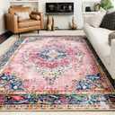 8x10 Area Rugs for Living Room Pink Boho Rug Vintage Rug Non-Slip Washable Low Pile Foldable Large Rugs for Bedroom Dining Room Indoor Floor Carpet