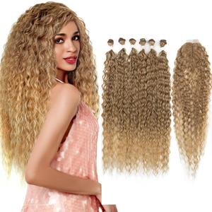 DBUT 30 Inch Synthetic Hair Bundles Water Wave 6 Bundles with Closure High Temperature Weaving Hair Extensions 290g for Full Head Heat Resistant Deep Curly Hair 7PCS T12/22A Ombre Golden Brown
