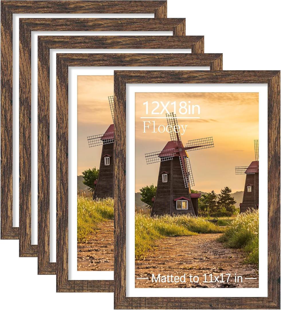 12x18 Picture Frame Set of 5, Rustic Brown Poster Frame, Display Pictures 11 x 17 with Mat or 12 x 18 Without Mat for Horizontal or Vertical Wall Mounting, Wall Gallery Frame, 12x18 - 5 PACK