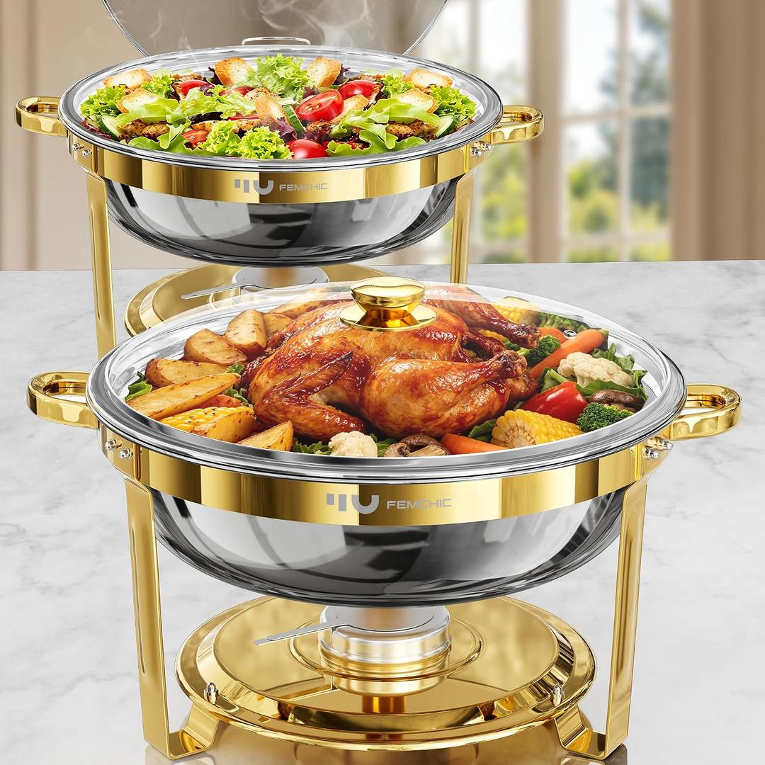 Femchic 9QT Gold Chafing Dishes for Buffet, 2 Pack Round Chafer Set