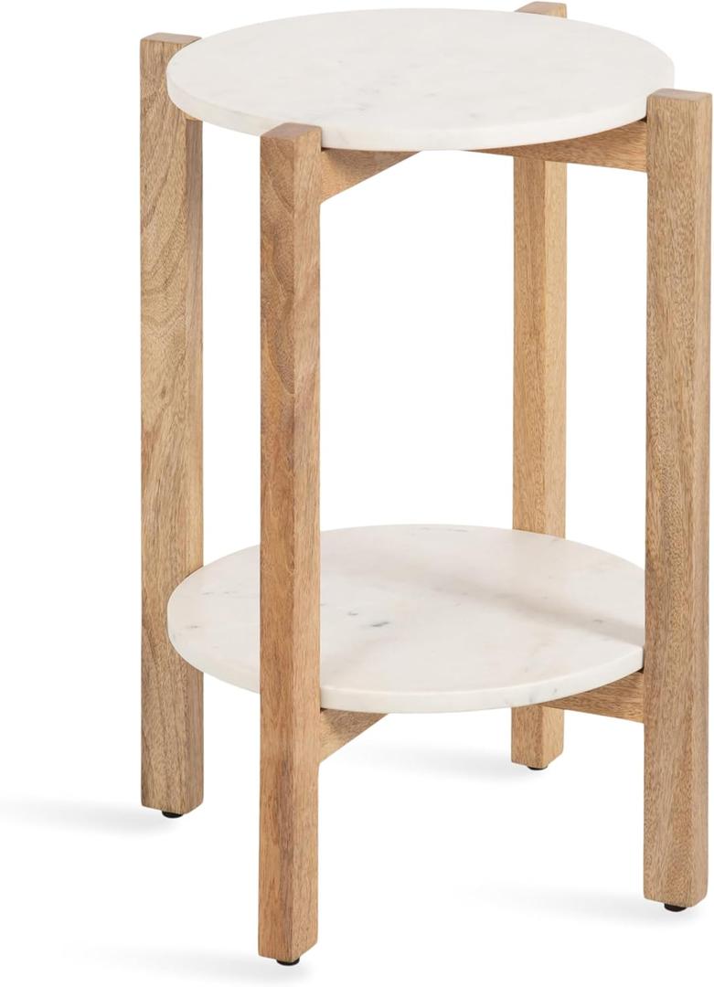 Kate and Laurel Moxley Transitional Round Side Table, 16 x 16 x 22, White Marble and Natural Wood, Tiered Pedestal Table with Authentic Marble Tabletops for Bedroom Nightstand or Indoor Plant Stand