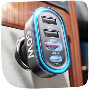 LISEN Back to School 60W USB C Car Charger,Travel Essentials 4-Port Super Fast Charging Type C Car Charger for Multiple Devices, Cigarette Lighter Adapter for iPhone 16/16e/15 Pro Max, Samsung, Piexl
