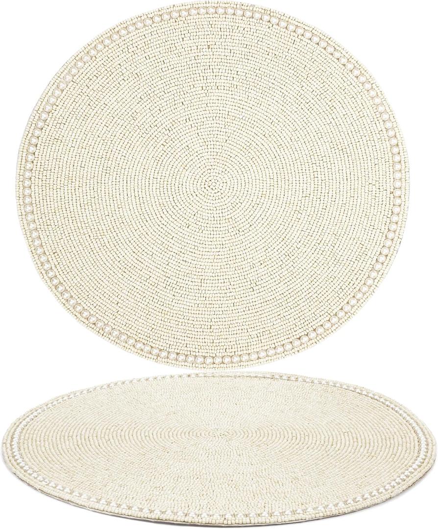 CLEENTABLE Beaded Placemats for Dining Table, 13 Inches Beaded Placemat Set of 2 for Farmhouse Decor and Kitchen Table Dcor, Round Table Mats for Dining Tables, Non-Slip Place mats, Cream White