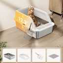 XL Stainless Steel Litter Box, Extra Large Metal Cat Litter Box with High Sided for Big Cats, Enclosed Litter Boxed with Lid, Easy-Clean Cat Litter Mat & Scoop Kit, Anti-Urine Leakage (White)