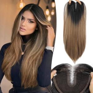 Eawwii Black to Ombre Light Brown Synthetic Hair Toppers for Women with Thinning 5x6 inch Large Base Coverage Clip in Wispy Bangs Upgraded Adjustable Bandage 24 Inch Long Layered