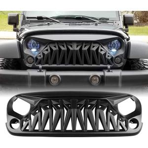 Matte Black Front Grill, Shark Grille Compatible with 2007-2018 Jeep Wrangler Rubicon Sahara Sport JK JKU