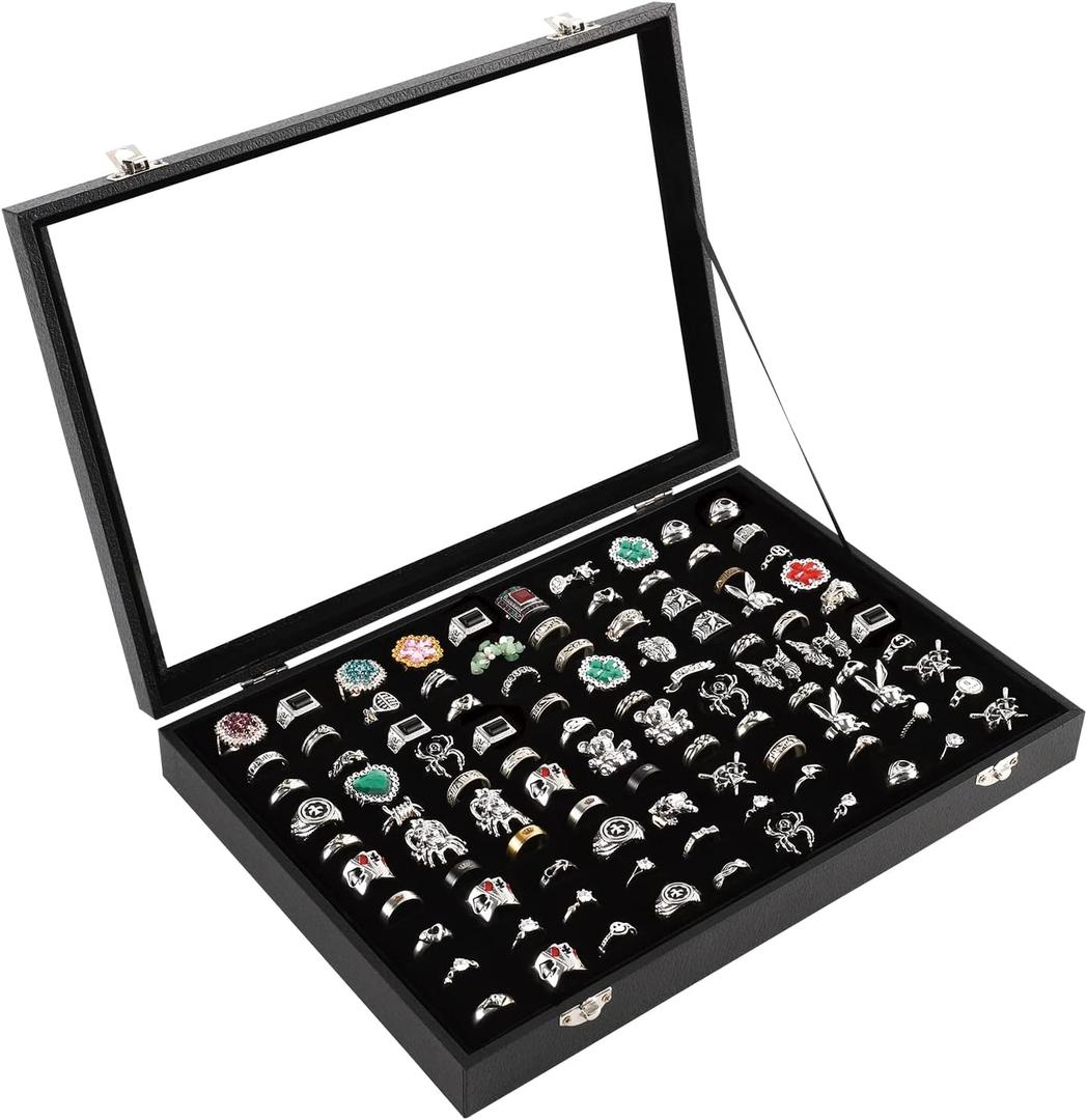 Ring Organizer with Lid 100 Slots Jewelry Display Case Black Ring Holder Jewelry Storage Box Suitable for Home and Store Use