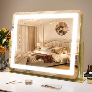 ROLOVE Gold Vanity Mirror with Lights - Smart Touch Dimming, 3-Color Lighting, 360 Rotatable Desktop Makeup Mirror for Desk, 22"x17"
