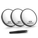 20X/30X/40X Magnifying Mirror with Suction Cups and Tweezers Set, 3.5 inches Travel Magnified Makeup Mirror, Black, 3PCS