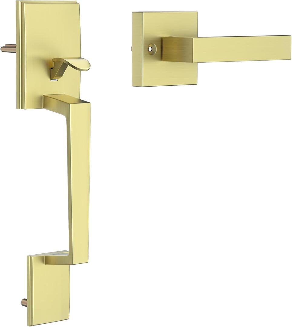 Gold Front Door Handle No Lock, Modern Exterior Door Handle with Passage Lever, Reversible for Left & Right Hand Door, Front Door Handleset
