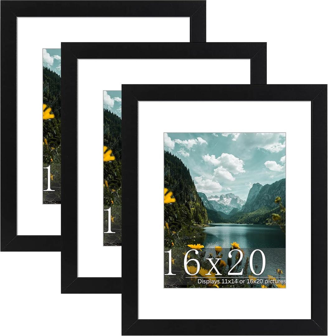 Picrit 16x20 Picture Frame 3 Pack, Black Poster Frame, Display Poster 11 x 14 with Mat or 16 x 20 without Mat for Horizontal or Vertical Wall Mounting