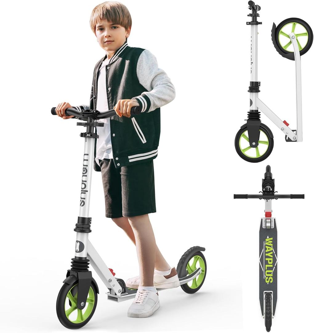 Kick Scooter for Ages 6+,Kid, Teens & Adults. Max Load 240 LBS. Foldable, Lightweight, 8IN Big Wheels for Kids, Teen and Adults, 4 Adjustable Levels. Bearing ABEC9 (Green White)