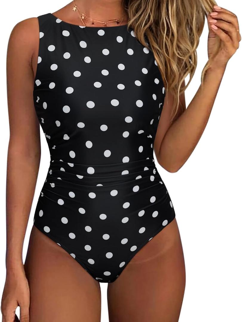 SUUKSESS Women Sexy One Piece Tummy Control Swimsuit Ruched High Neck Slimming Swimwear 2025 Low Back Bathing Suit(Black White Polka Dots,XX-Large)