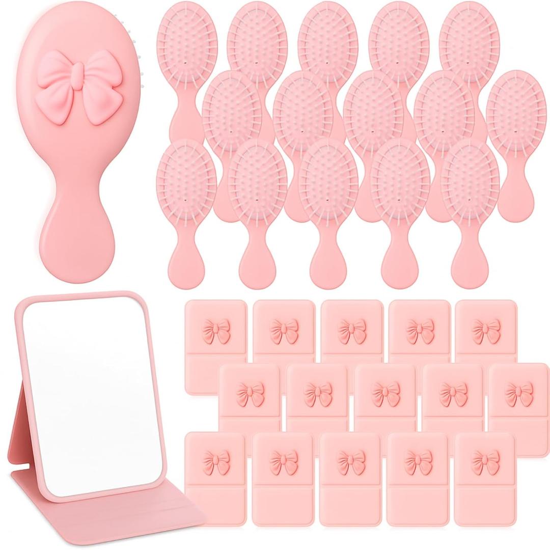 Amyhill 30 Pcs Coquette Bow Favor Compact Mirror Mini Hair Brush Travel Detangling Brush Bulk Preppy Bow Gift for Women Birthday Bridal Shower Bachelorette Graduation Party Supplies(Pink)