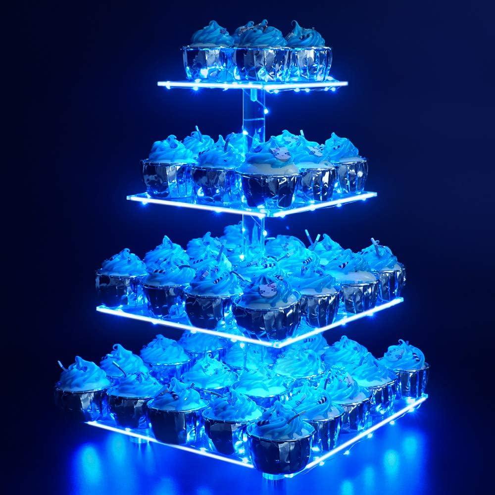 YestBuy 4 Tier Acrylic Cupcake Stand Afternoon Tea Cake Stand Large Cupcake Stand Cupcake Tower Cupcake Holder for Pastry + LED Light String Ideal for Weddings Birthday Bar Party Dcor (Blue Light)