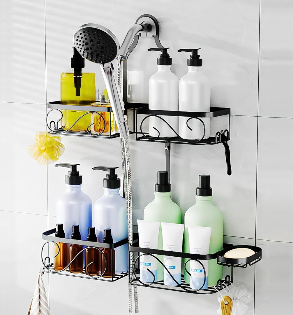 Kadolina Shower Caddy Hanging for Handheld Showerheads, Rustproof Stainless Steel Shower Organizer, LargeCapacity Bathroom Organizer Rack with Soap Dish and Hooks for Razor/Sponge, Black