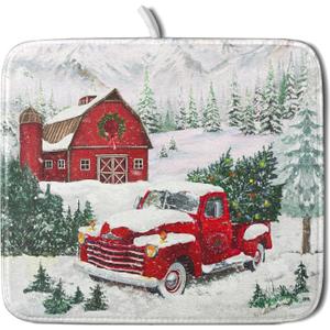 Winter Red Truck Dish Drying Mat Christmas Tree Dishes Pad 16x18 Inch Dish Drainer Rack Mats Absorbent Fast Dry Kitchen Holiday Accessories