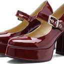 QIV Platform Mary Jane Heels for Women Chunky Block Heel Round Toe Closed Toe Dress Shoes (8.5, Burgundy)