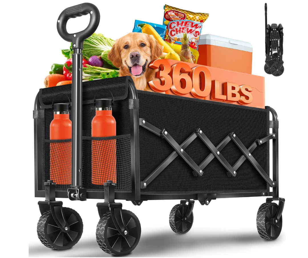 Wagons Carts Foldable, Collapsible Wagon, Foldable Wagon Cart with Wheels, Folding Wagons for Beach Camp Sports Garden, 2 Cup Holders/Lightweight Portable/Black/360 LBS