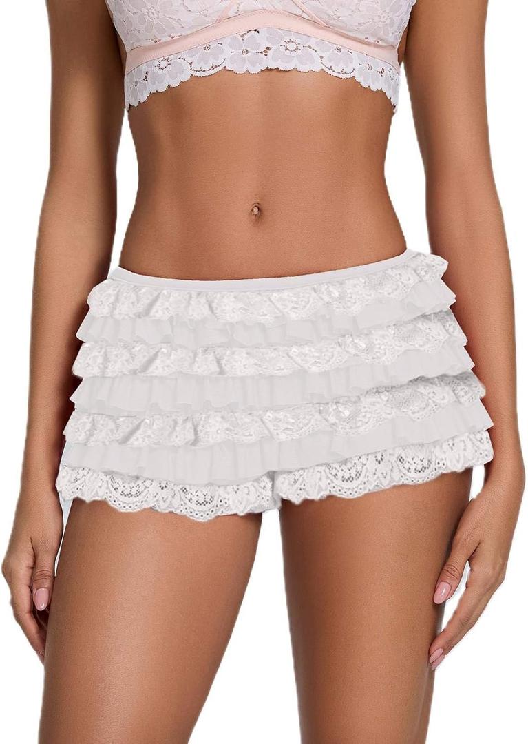 Women's Lace Ruffle Booty Shorts Low Rise Layered Micro Bloomers Cute Sexy Halloween Y2k Frilly Lolita Mini Shorts (White 02)